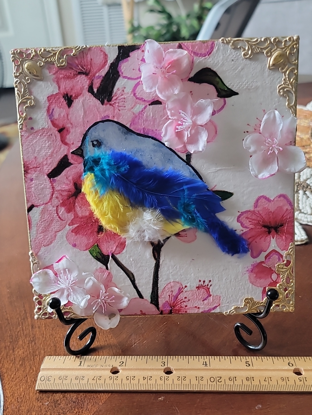 Handcrafted Blue & Yellow Decorative Bird Wall Art - Floral Accent With Easel.